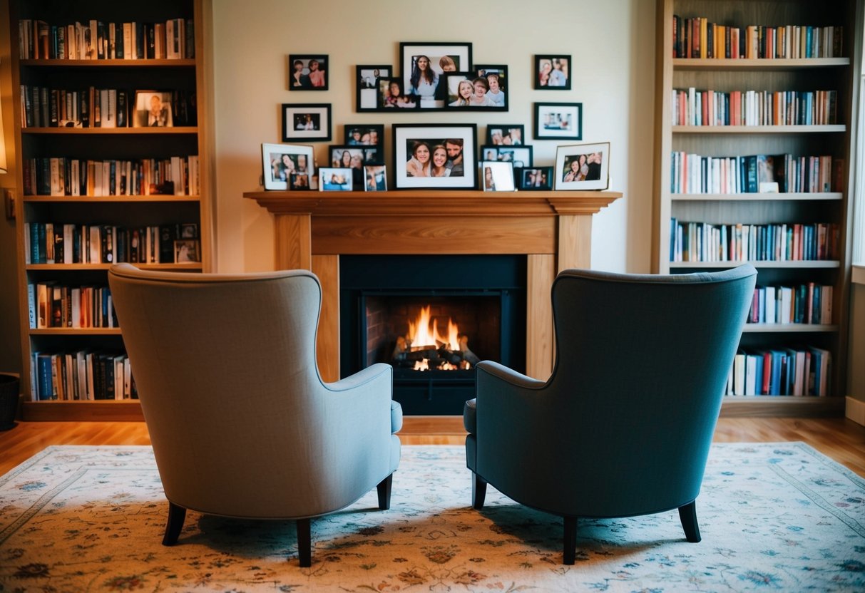 A cozy living room with two empty chairs facing a warm fireplace, surrounded by photos of happy memories and a shelf of well-loved books