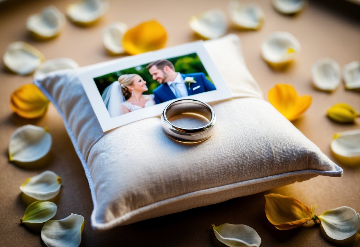 A wedding ring placed on a pillow, surrounded by petals and a photo of a happy couple