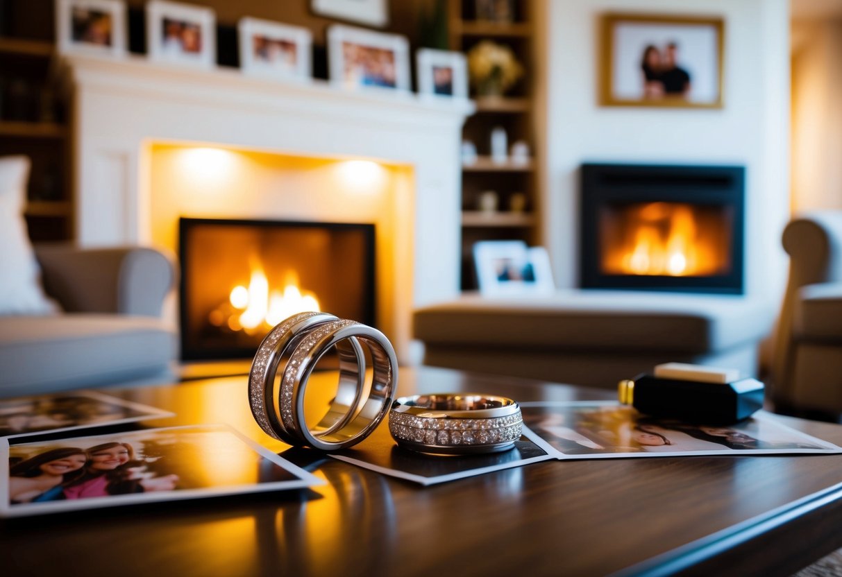 A cozy living room with two intertwined rings on a coffee table, surrounded by photos of happy memories and a warm, glowing fireplace