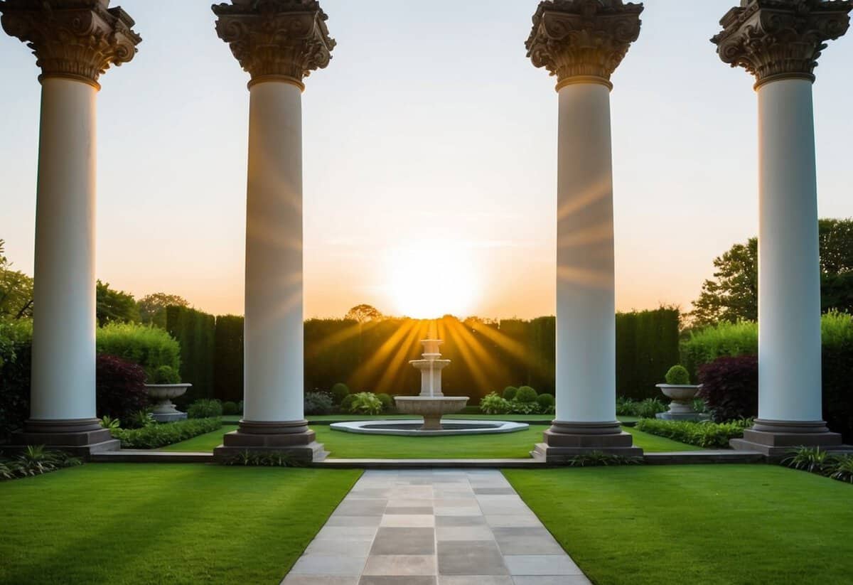 A serene garden with four towering pillars, each representing honesty, respect, communication, and loyalty