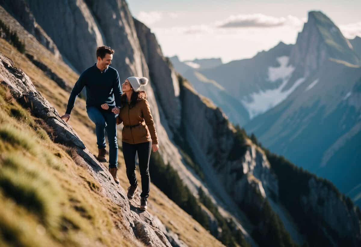 A couple scaling a mountain together