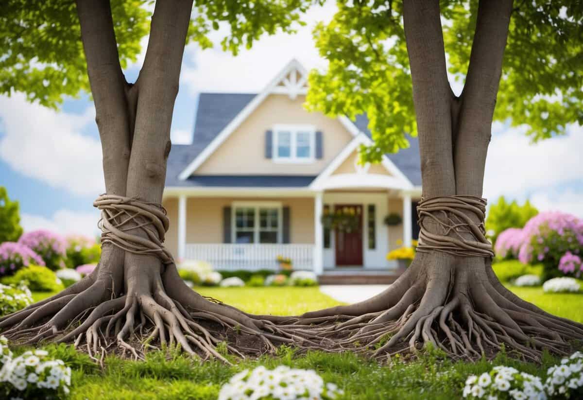 A cozy home with two intertwined trees growing strong roots together, surrounded by blooming flowers