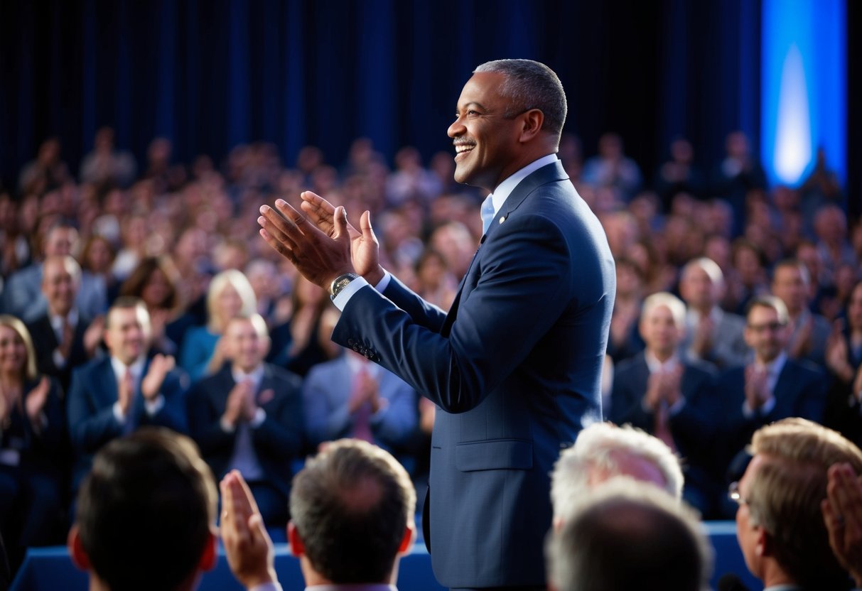 The speaker stands tall, gazing out at the audience with a confident smile, as applause erupts and the room fills with a sense of inspiration and unity