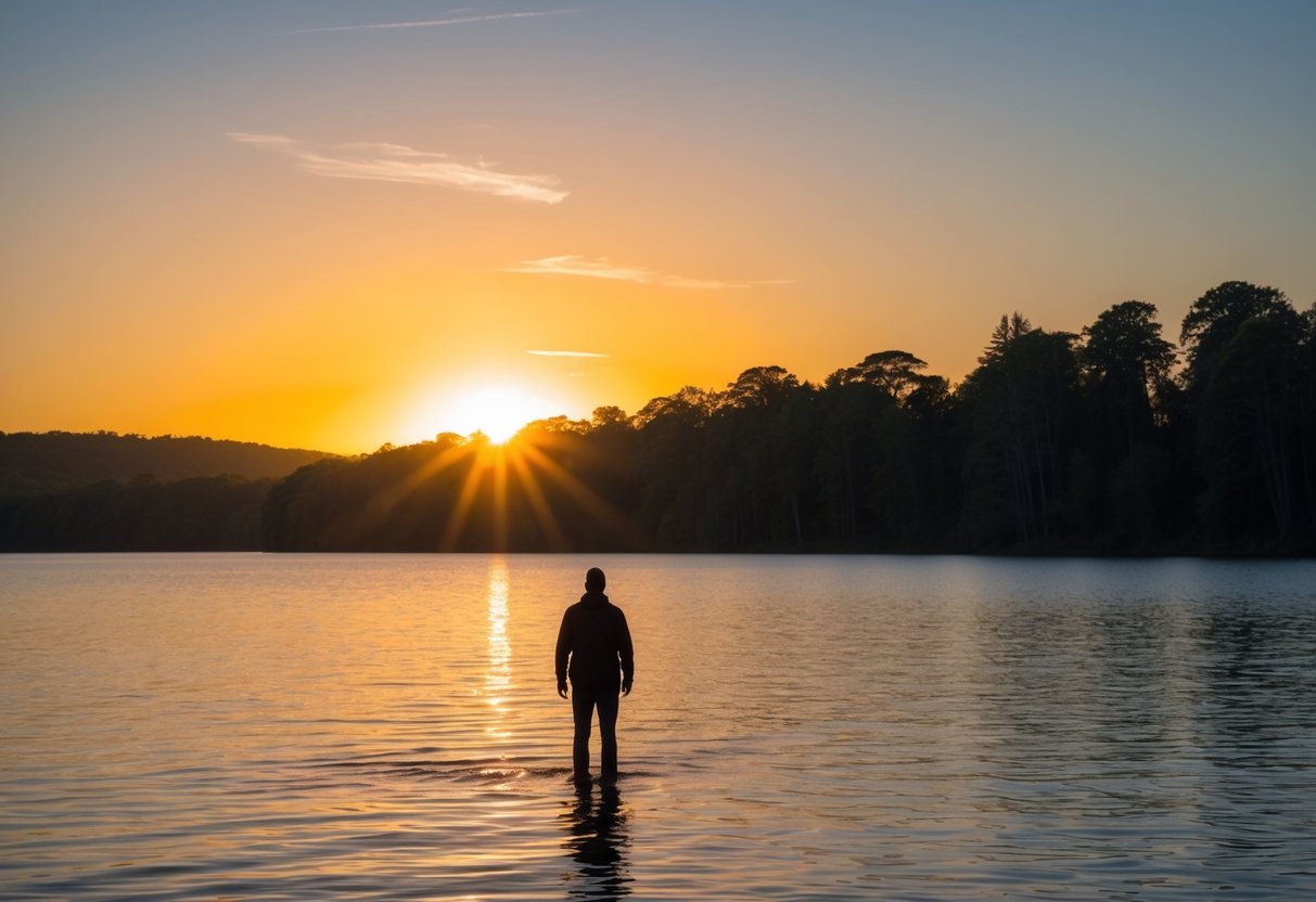 A sunset casting a warm glow over a tranquil, tree-lined lake, with a lone figure standing at the water's edge, gazing into the distance