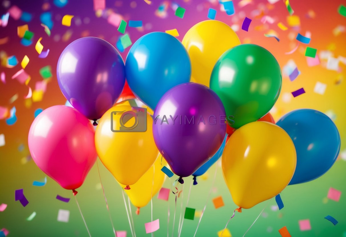 A group of colorful balloons floating in the air, with confetti scattered around and a playful, vibrant background