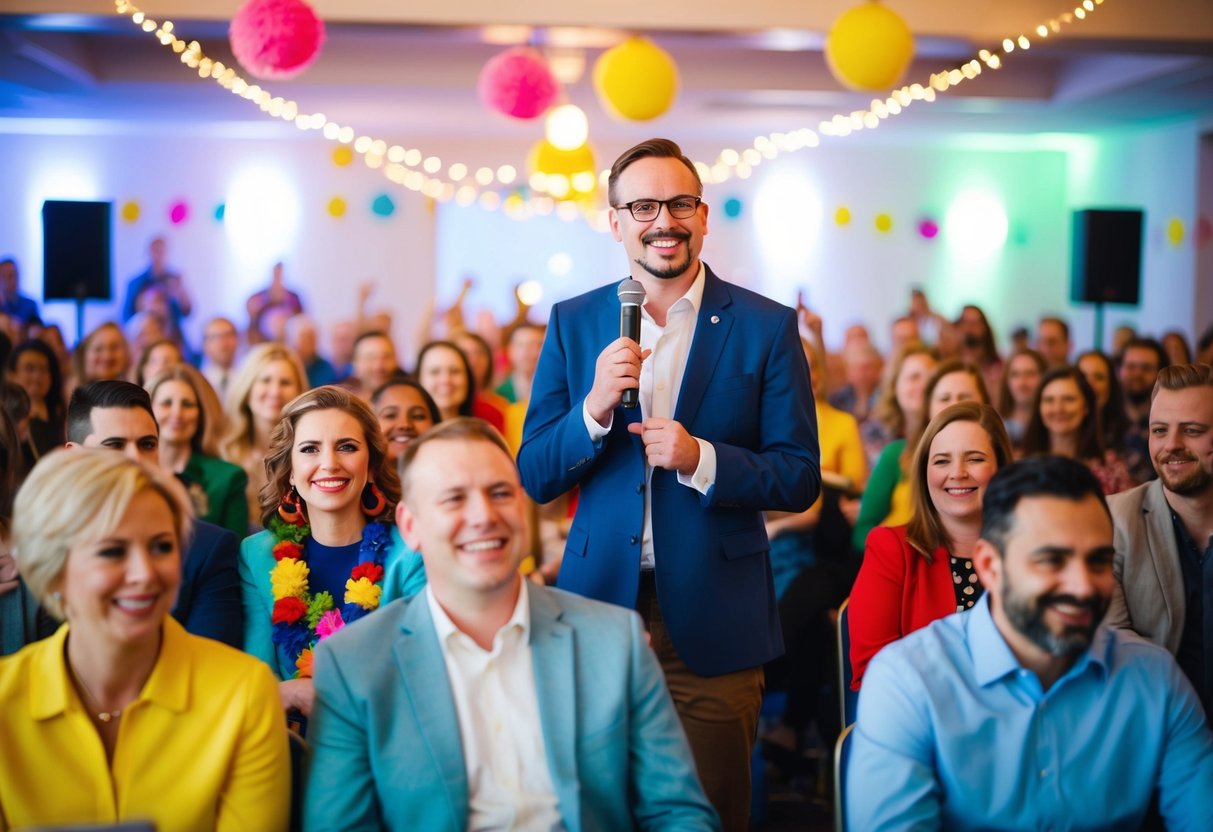 A colorful, lively crowd listens to a speaker on stage, smiling and nodding along. Bright lights and cheerful decorations fill the room
