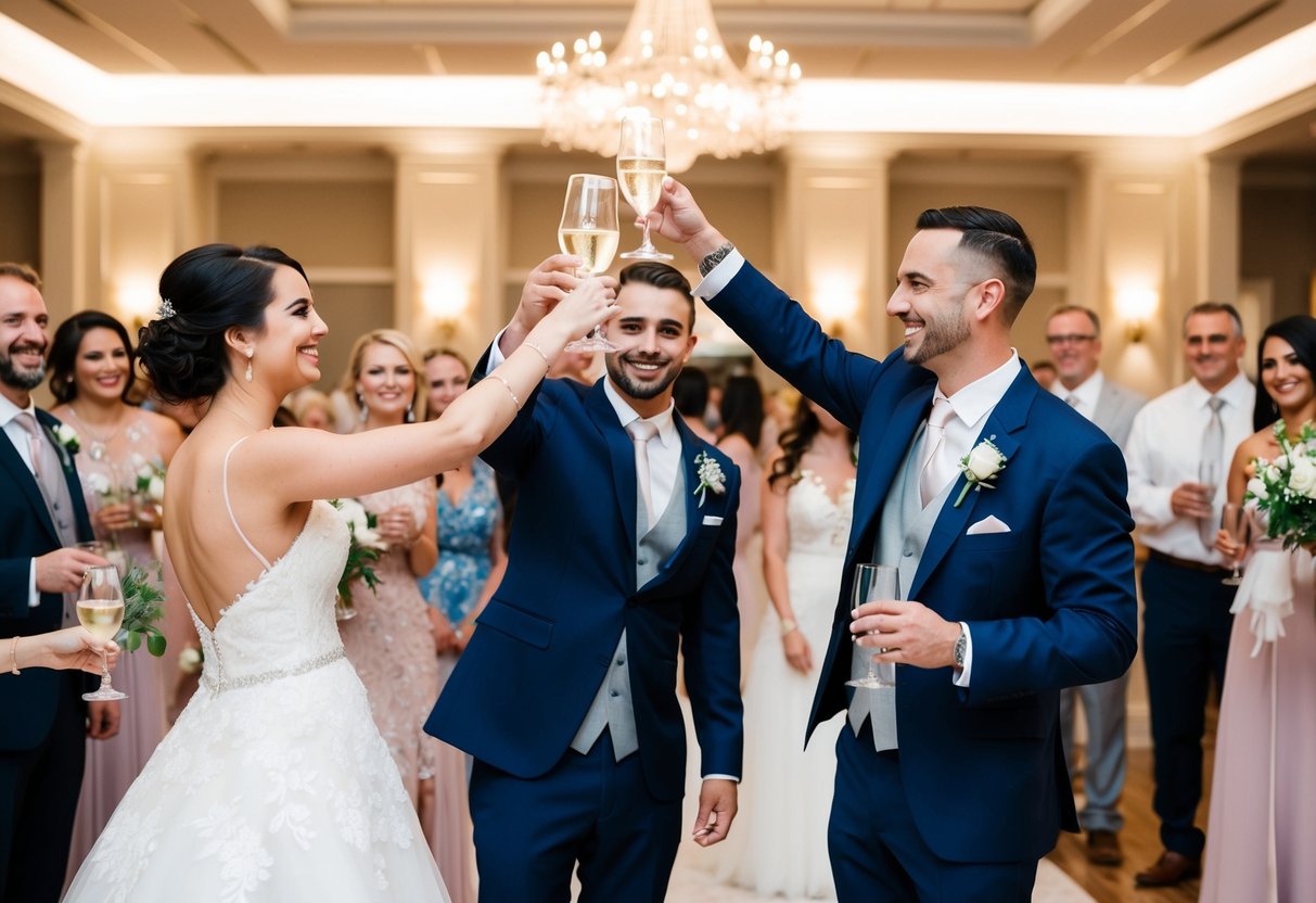 The bride and groom raise their glasses, smiling, surrounded by friends and family in a beautifully decorated reception hall
