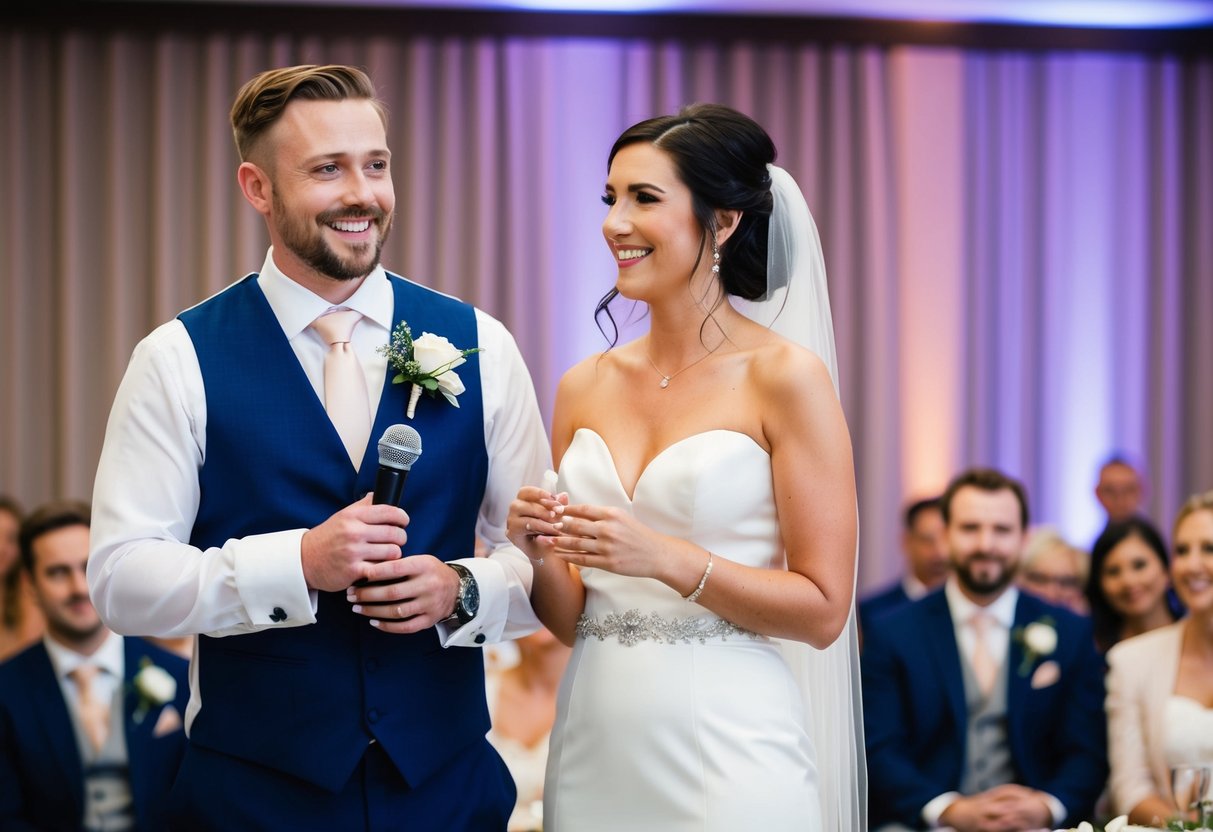 The bride and groom stand at the front of the room, smiling and looking at each other as they deliver their wedding speech with confidence