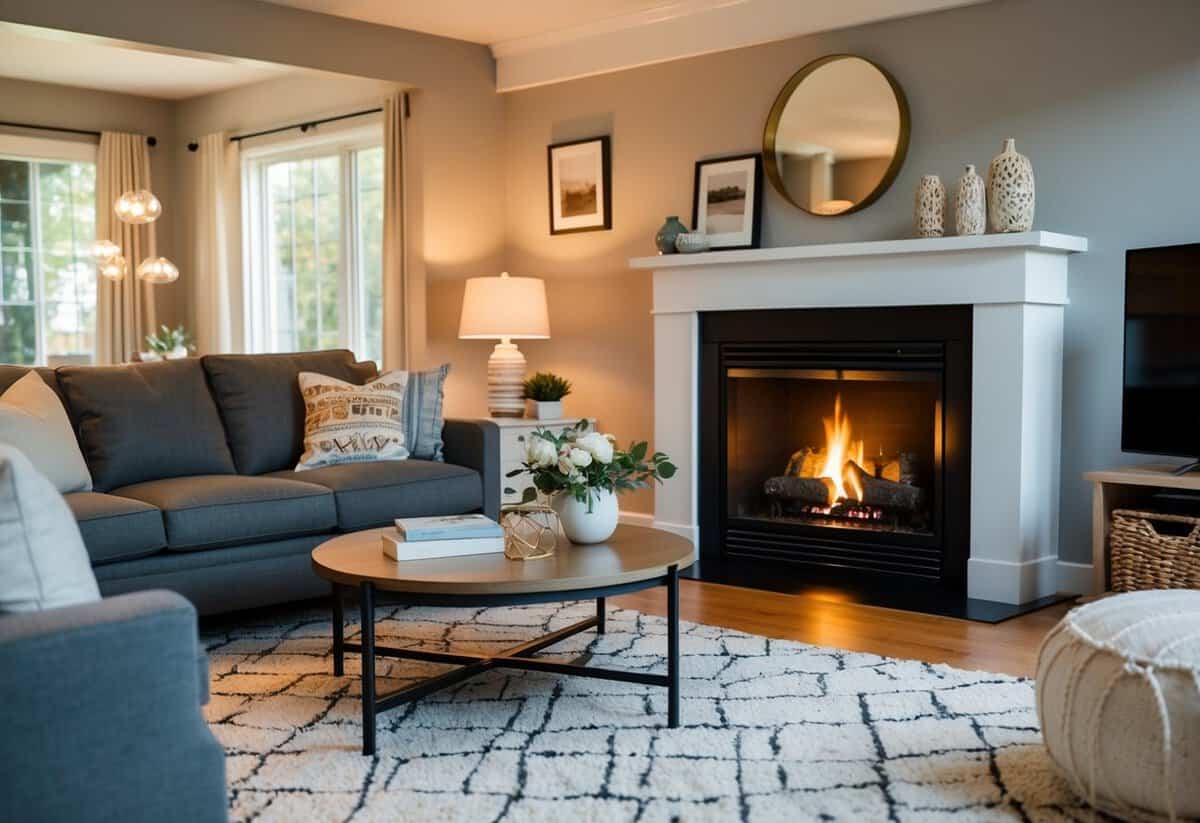 A cozy living room with a crackling fire, soft lighting, and inviting decor