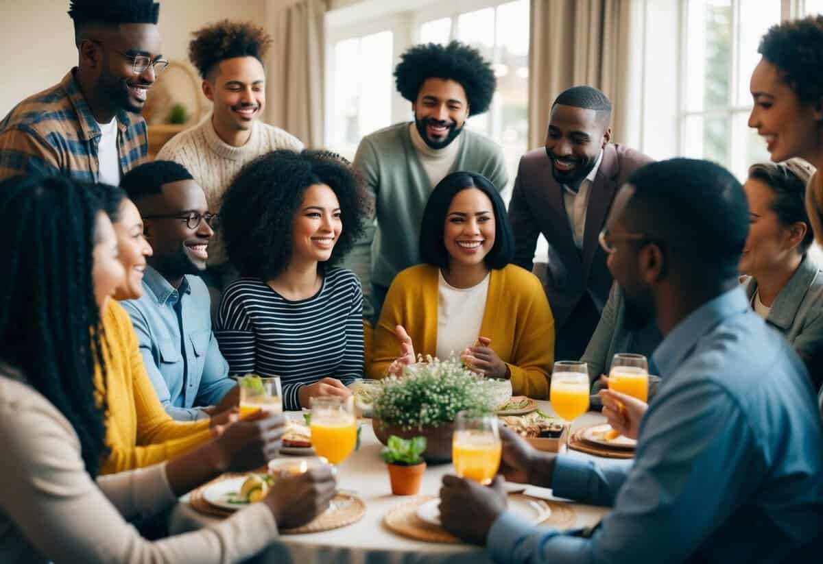 A group of diverse people gathered in a cozy, well-lit room, smiling and engaged in conversation. A table is set with refreshments and a welcoming atmosphere fills the space