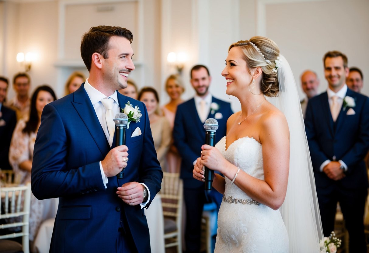 The bride and groom stand at the front of the room, facing their guests. They hold microphones and look at each other with love and excitement as they prepare to give their wedding speeches