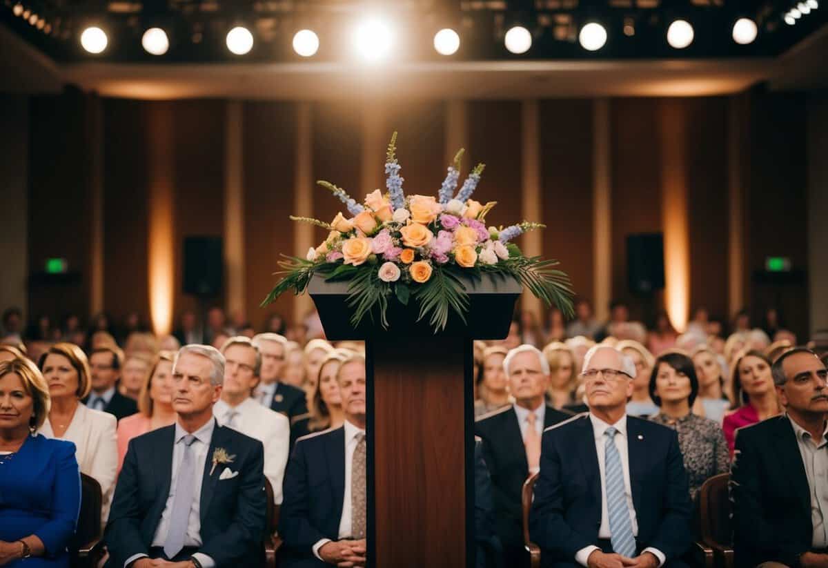 A podium adorned with flowers, surrounded by attentive listeners. A warm glow from overhead lights illuminates the stage
