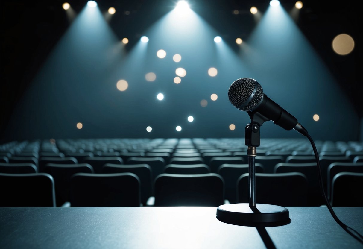 A spotlight shining on a lone microphone on a dark stage, surrounded by a sea of empty seats