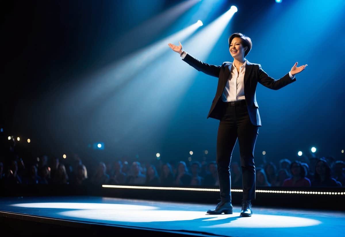 A person standing confidently on a stage, with a spotlight shining down on them, gesturing towards the audience with enthusiasm