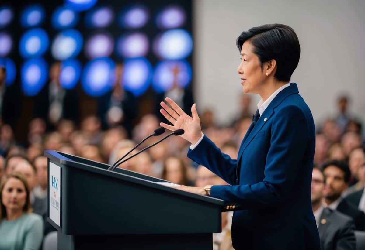 A person standing at a podium, making eye contact with the audience, using hand gestures to emphasize key points