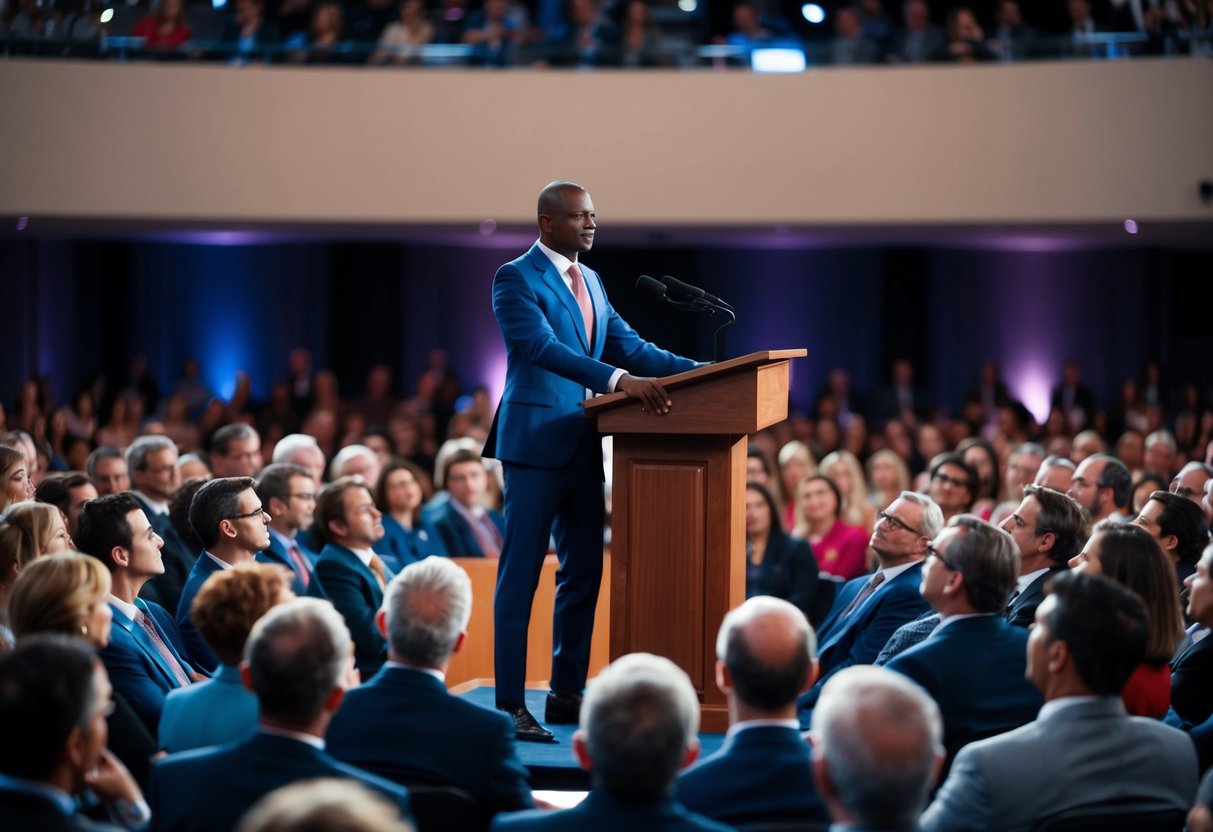 A figure standing confidently at a podium, surrounded by a captivated audience, ready to deliver a compelling speech