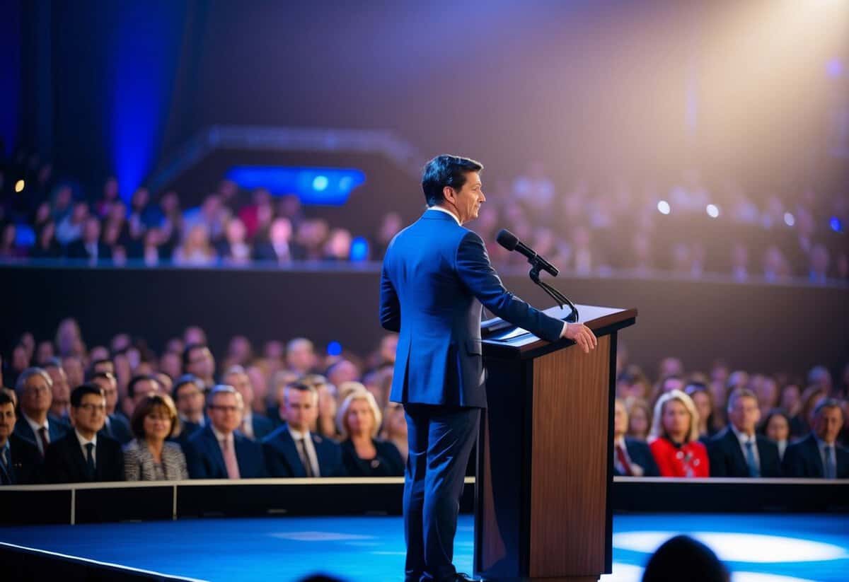 A person standing at a podium, with a microphone and a large audience in front of them. The stage is well-lit with a spotlight on the speaker
