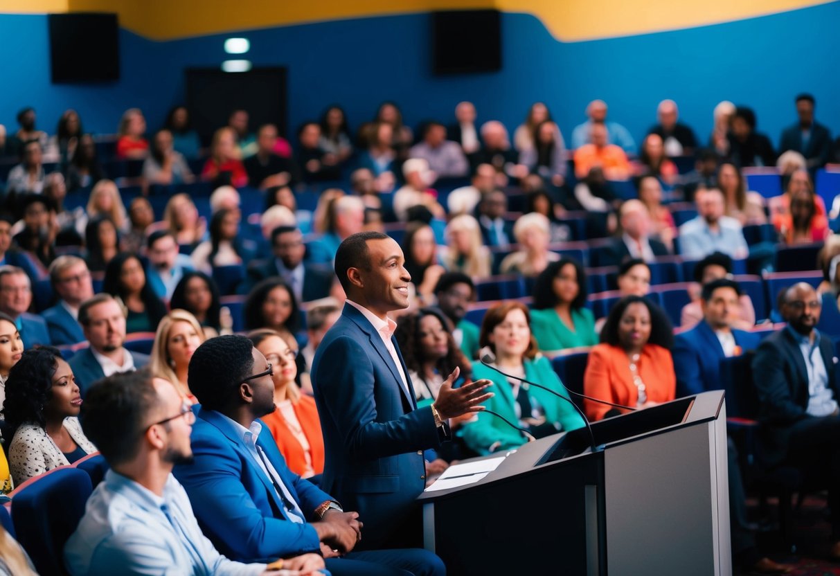 A diverse group of people gathered in a vibrant auditorium, engaged and attentive, as a speaker stands confidently at the podium