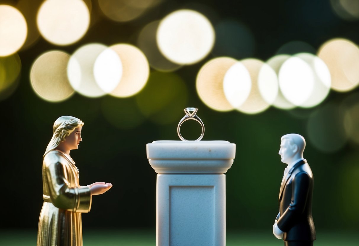A figure places a ring on a pedestal, while another figure waits nearby