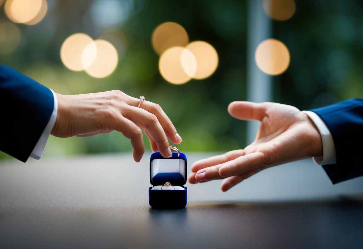 A hand reaches for a wedding ring box on a table, with a second hand hovering nearby, ready to receive it