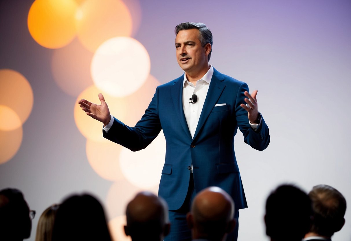 A speaker standing confidently on a stage, making eye contact with the audience, and gesturing with open arms