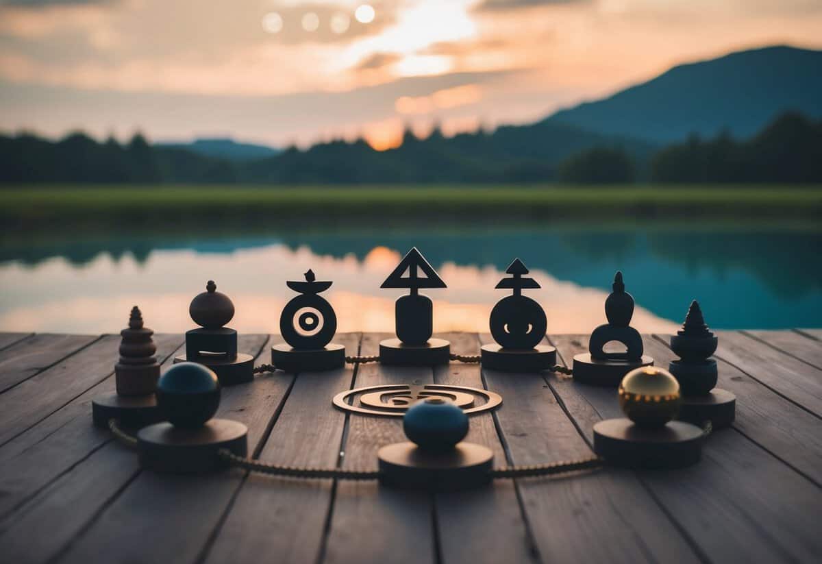 A serene landscape with seven symbolic objects arranged in a circle