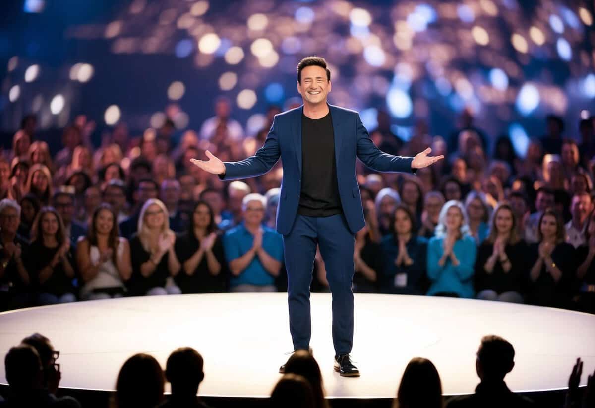 A person standing confidently on a stage, with a captivating smile and open body language, surrounded by a supportive audience