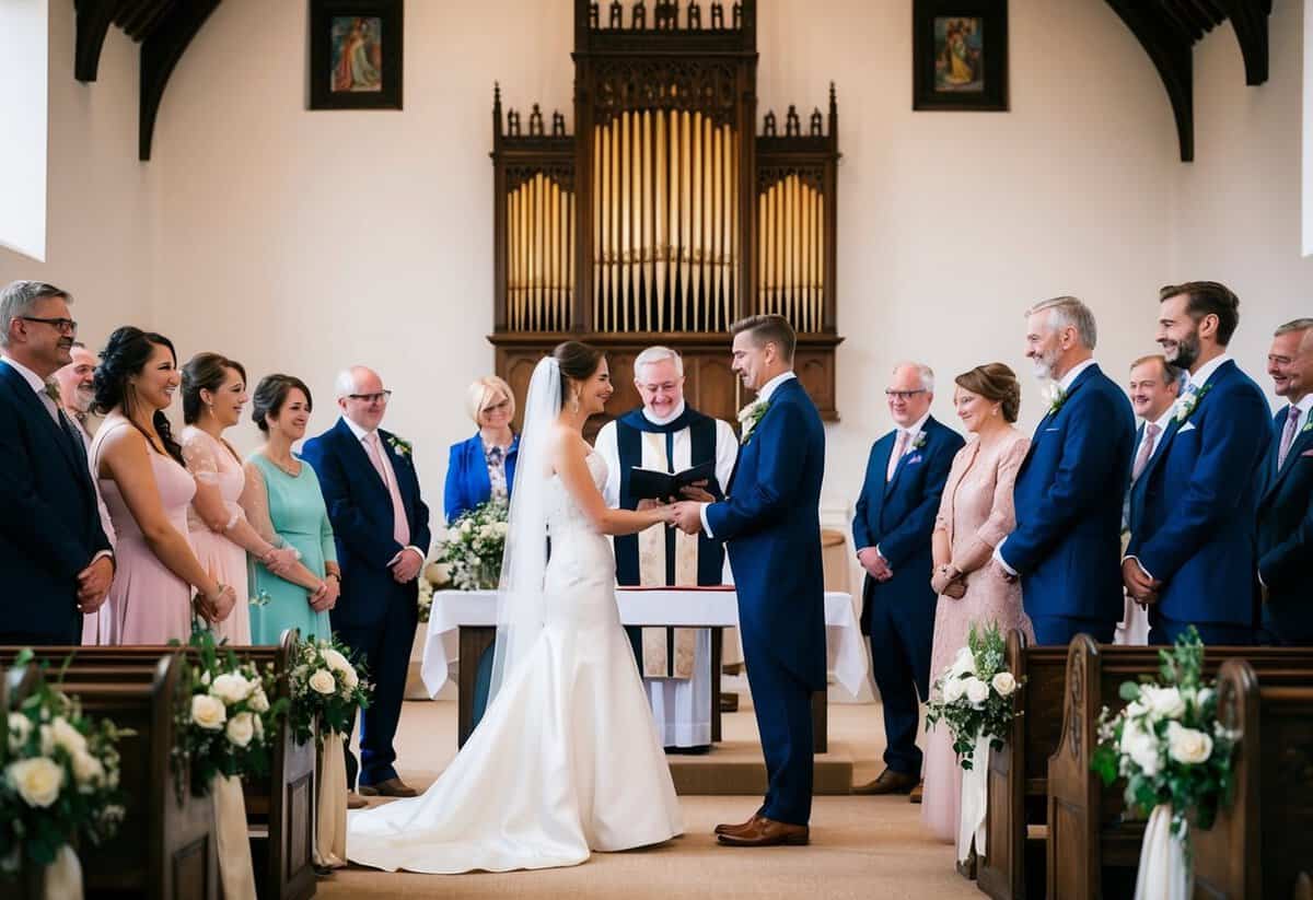 A traditional English wedding setting with a bride and groom standing at the altar exchanging vows in front of a celebrant and surrounded by family and friends