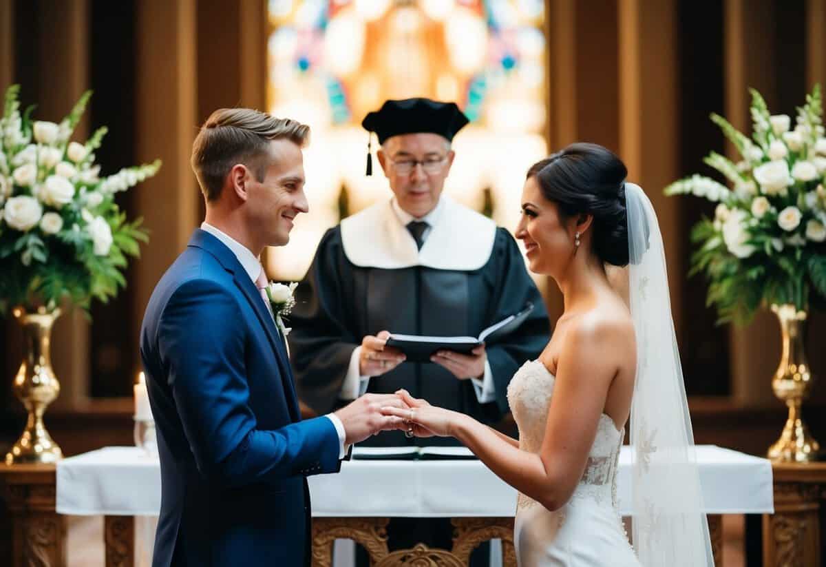A bride and groom standing at the altar, exchanging rings and making promises to each other in front of a traditional wedding officiant