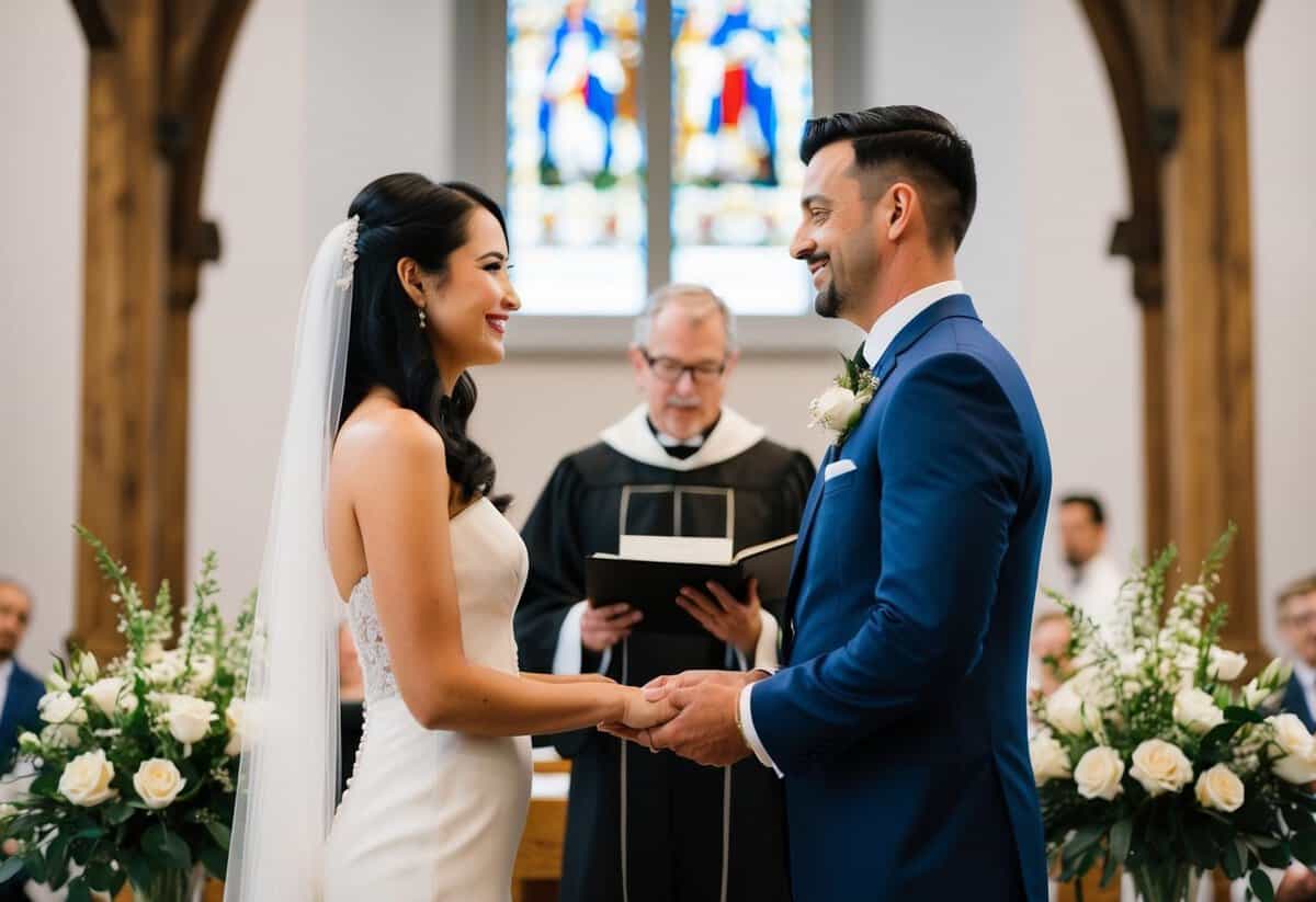 A couple standing at the altar, facing each other with an officiant in the background, exchanging personalized wedding vows