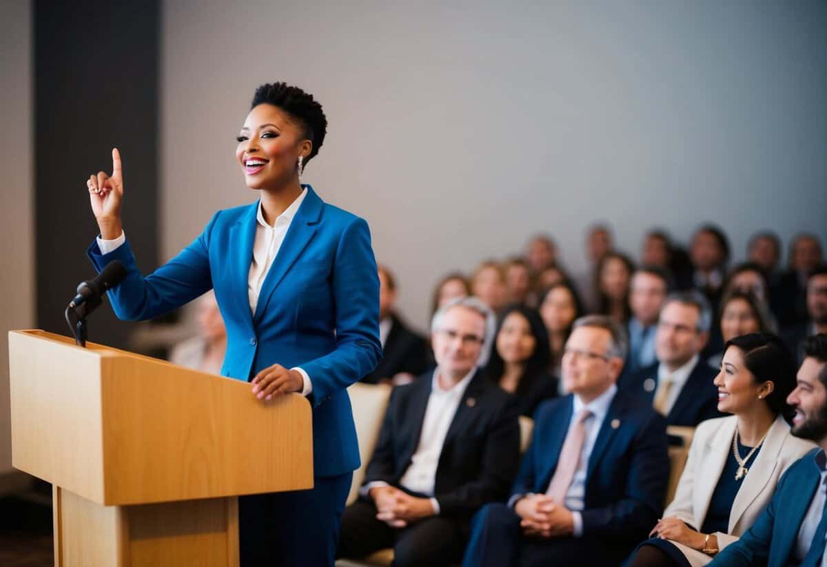 A person standing confidently in front of a podium, gesturing and speaking passionately to a small audience