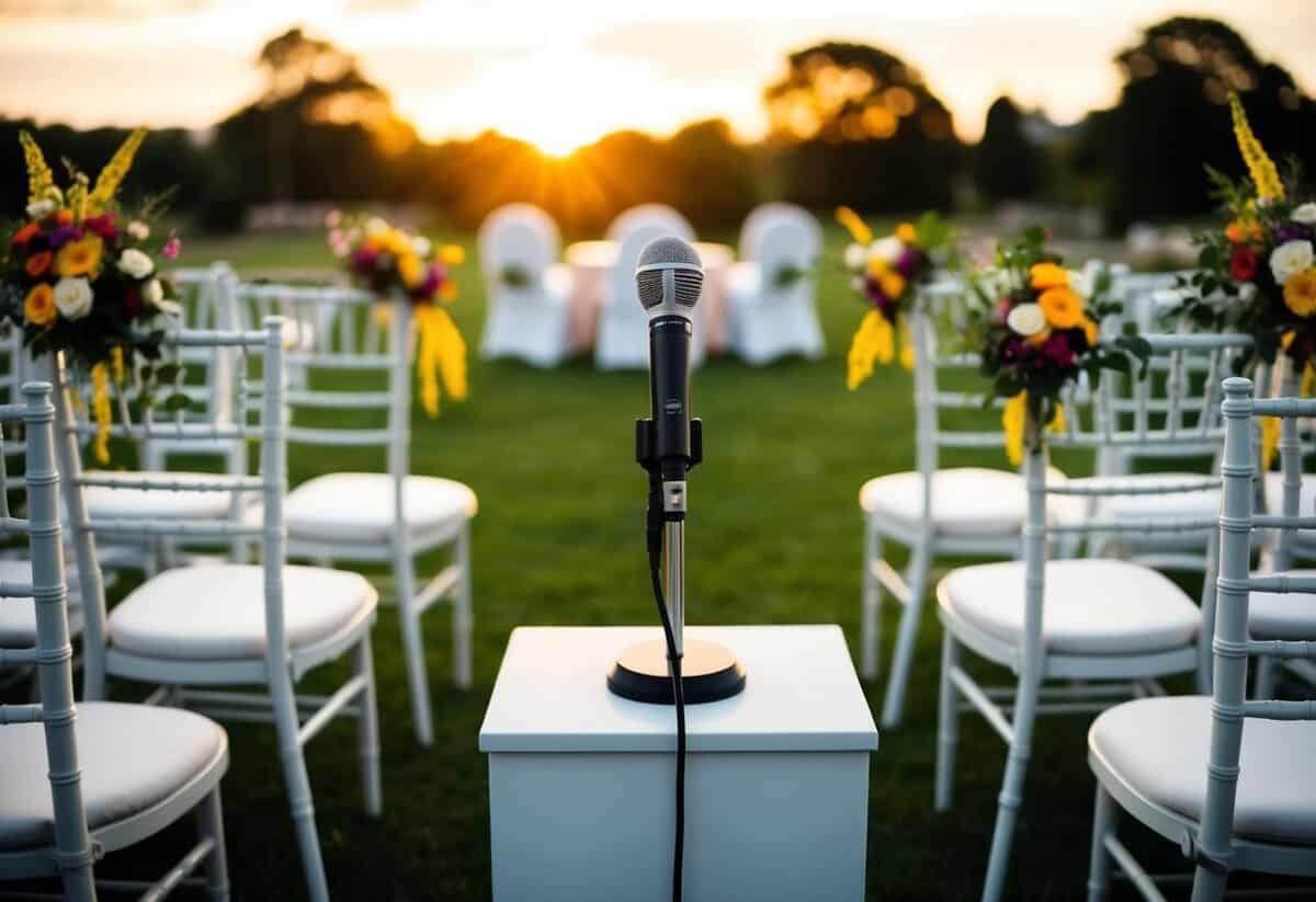A microphone stands alone on a podium, surrounded by empty chairs and colorful floral decorations, as the sun sets behind a picturesque outdoor wedding venue