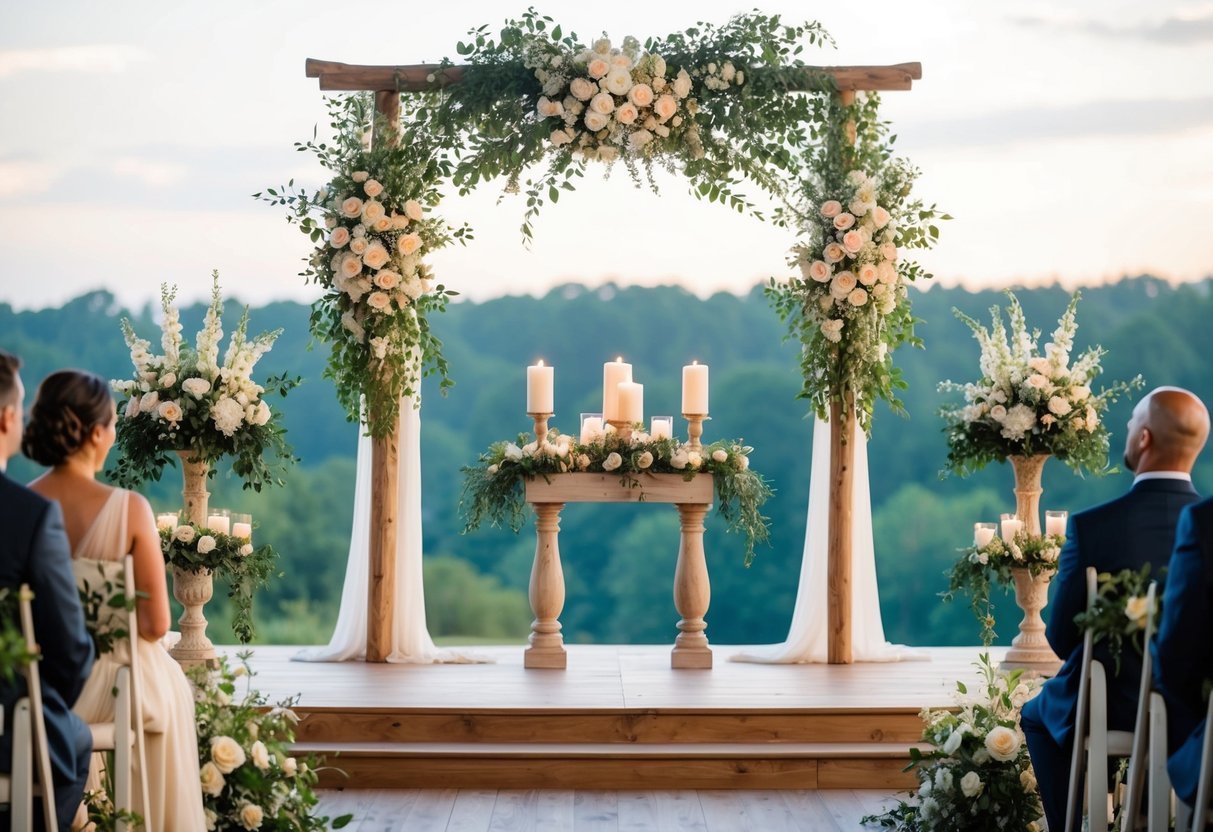 A wedding ceremony begins with a decorated altar, adorned with flowers and candles, set against a backdrop of a serene natural setting