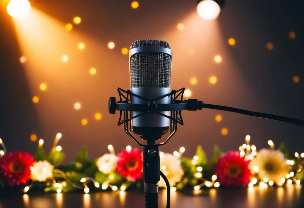 A microphone on a stand, surrounded by twinkling fairy lights and floral arrangements, with a warm glow from the spotlight above