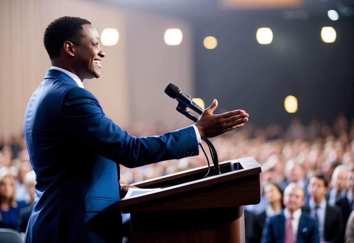 A person standing at a podium, smiling, and making a closing gesture with open arms towards the audience
