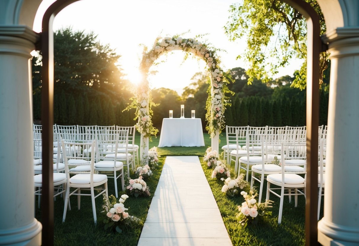 A decorative archway frames a serene outdoor setting, with rows of chairs facing a flower-adorned altar. The sun casts a warm glow over the scene