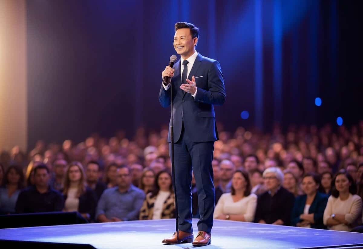 A person standing on a stage with a microphone, facing an audience, with a confident and engaging expression