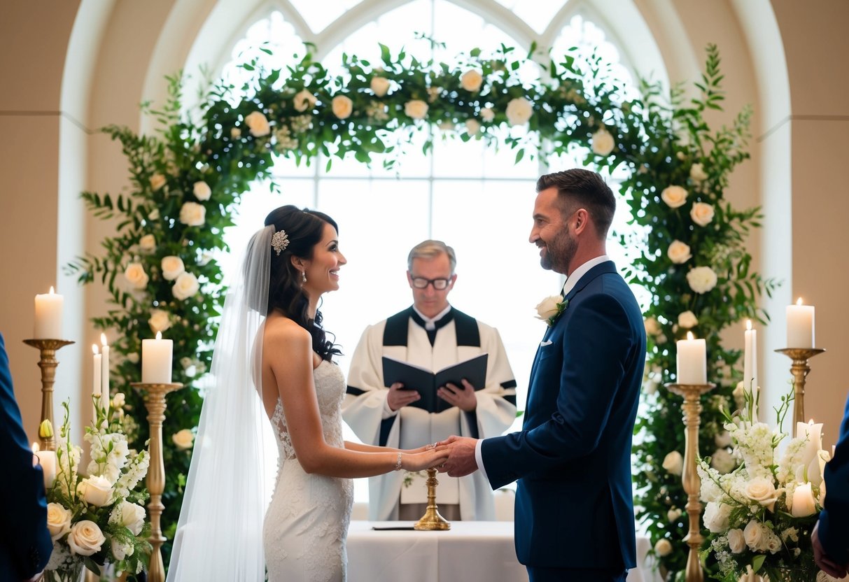 The bride and groom standing at the altar, surrounded by flowers and candles, as the officiant begins the wedding ceremony