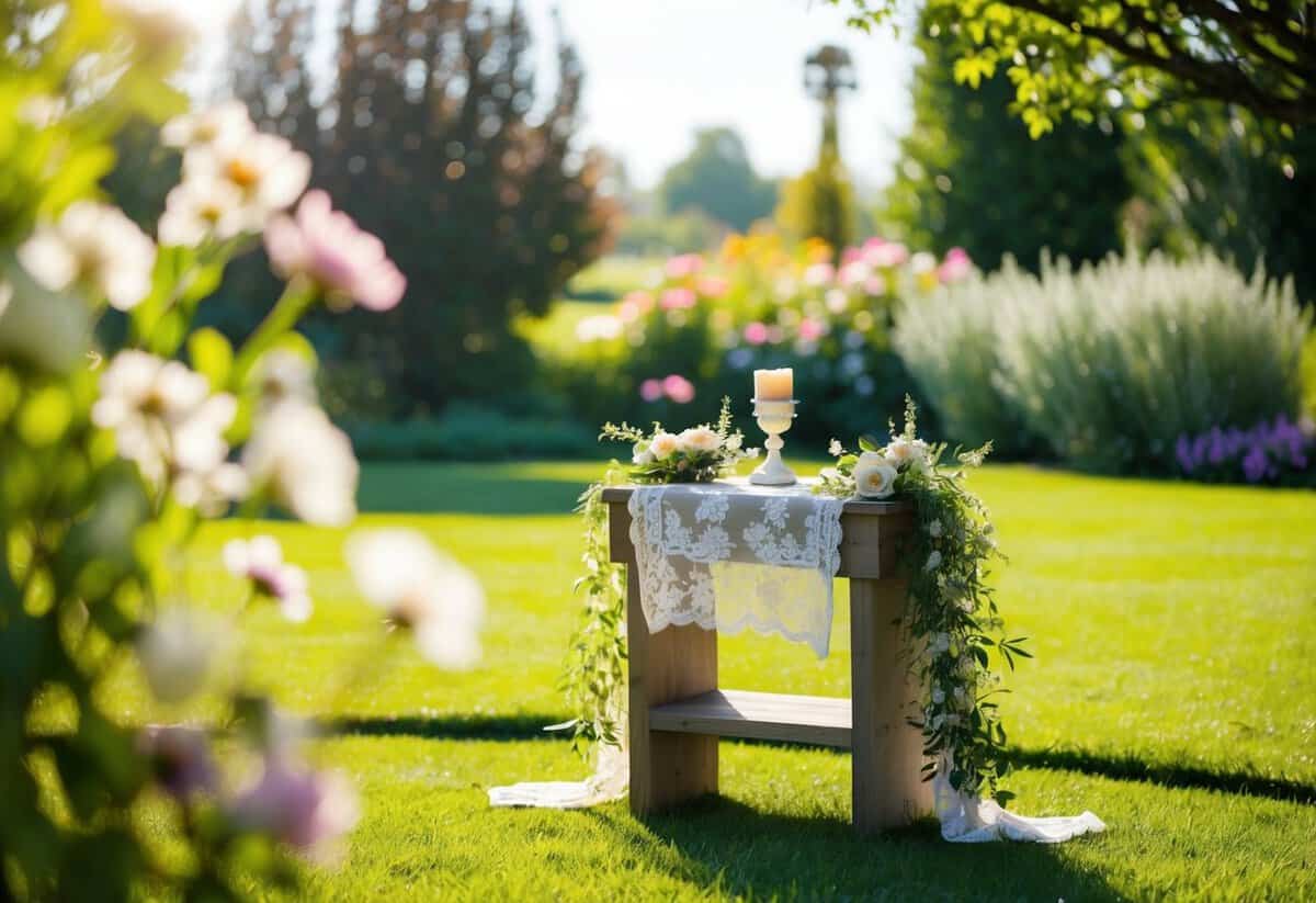 A sunlit garden with blooming flowers and a gentle breeze. A small, rustic altar adorned with delicate lace and greenery