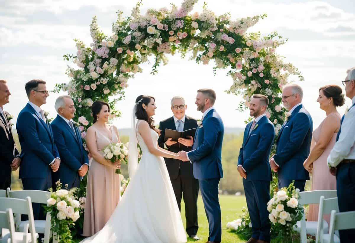 A couple standing under a blooming archway, surrounded by family and friends, as the officiant offers a simple wedding blessing