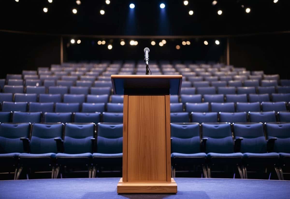 A podium with a microphone stands at the center of a dimly lit stage, surrounded by rows of empty seats