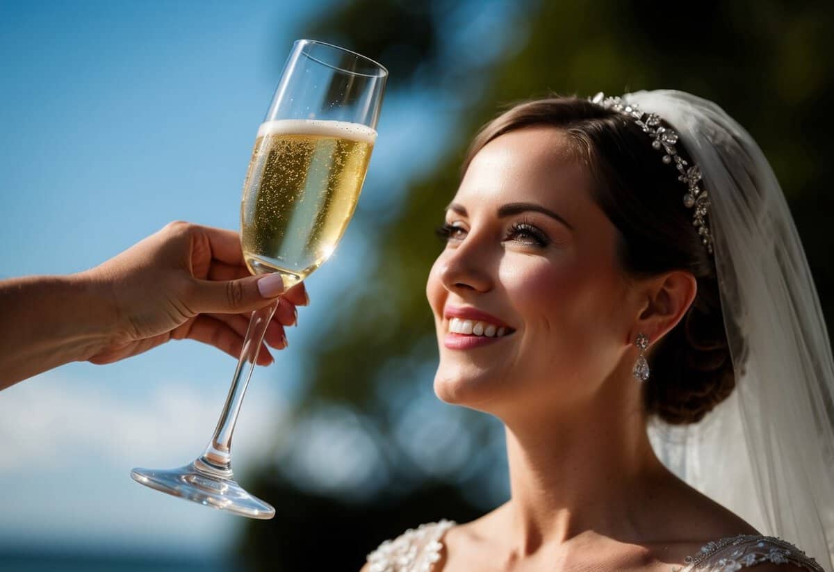 A champagne glass being raised towards a blushing bride
