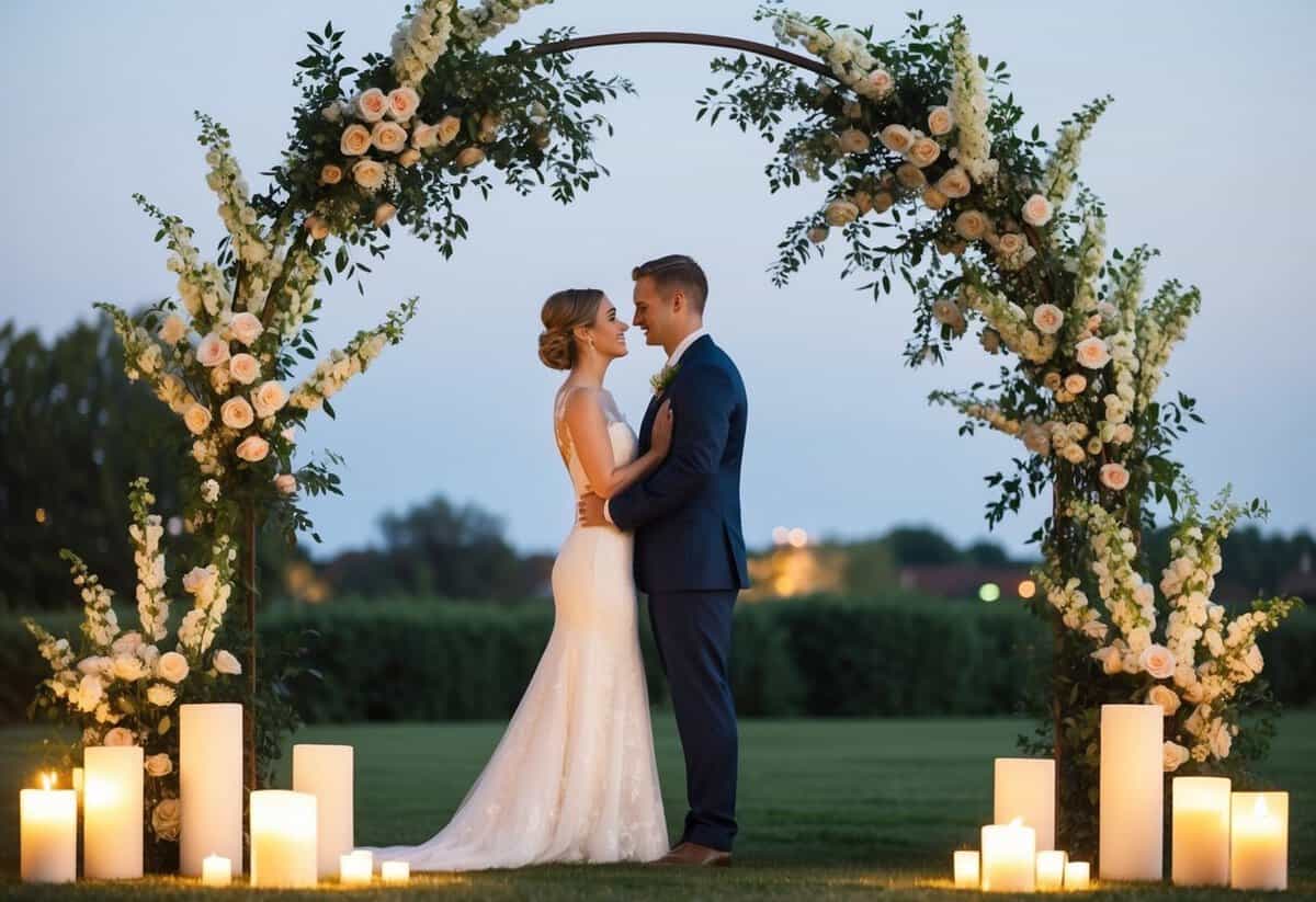 A couple standing under a simple wedding arch, surrounded by blooming flowers and soft candlelight