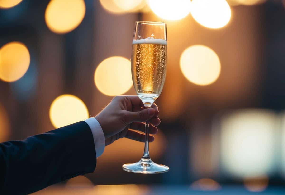 A champagne glass held high in a celebratory gesture
