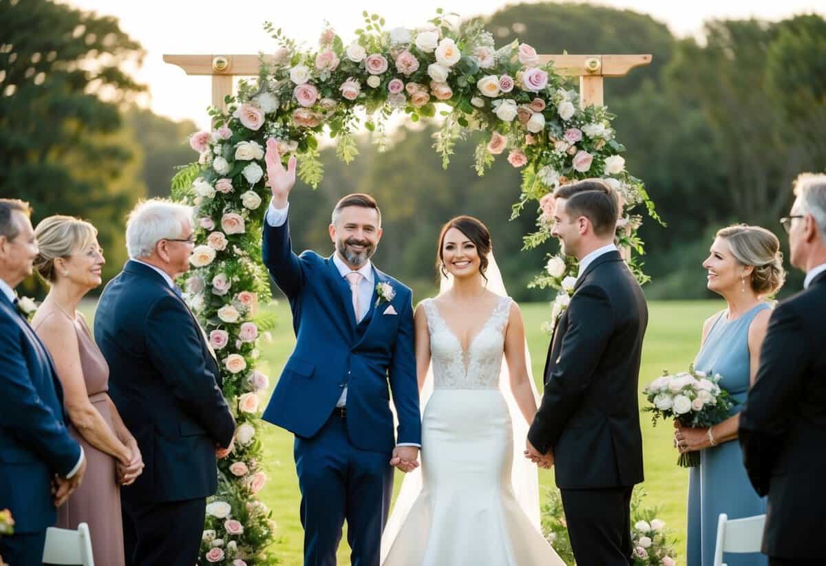 A couple stands under a floral arch, surrounded by loved ones. The officiant raises a hand in blessing over the pair