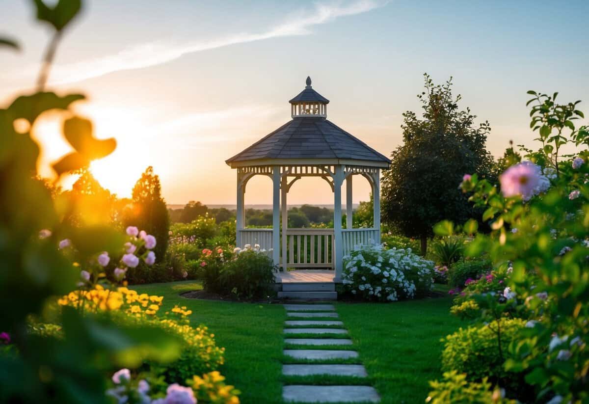 A serene garden with a small gazebo, surrounded by blooming flowers and lush greenery, as the sun sets in the distance