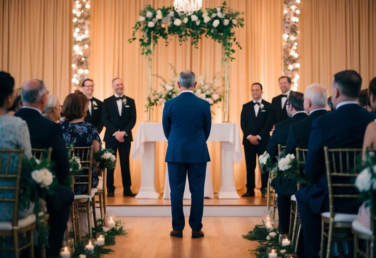 A figure stands at the front of a decorated space, facing a crowd. Their posture is confident and welcoming, setting the tone for the ceremony
