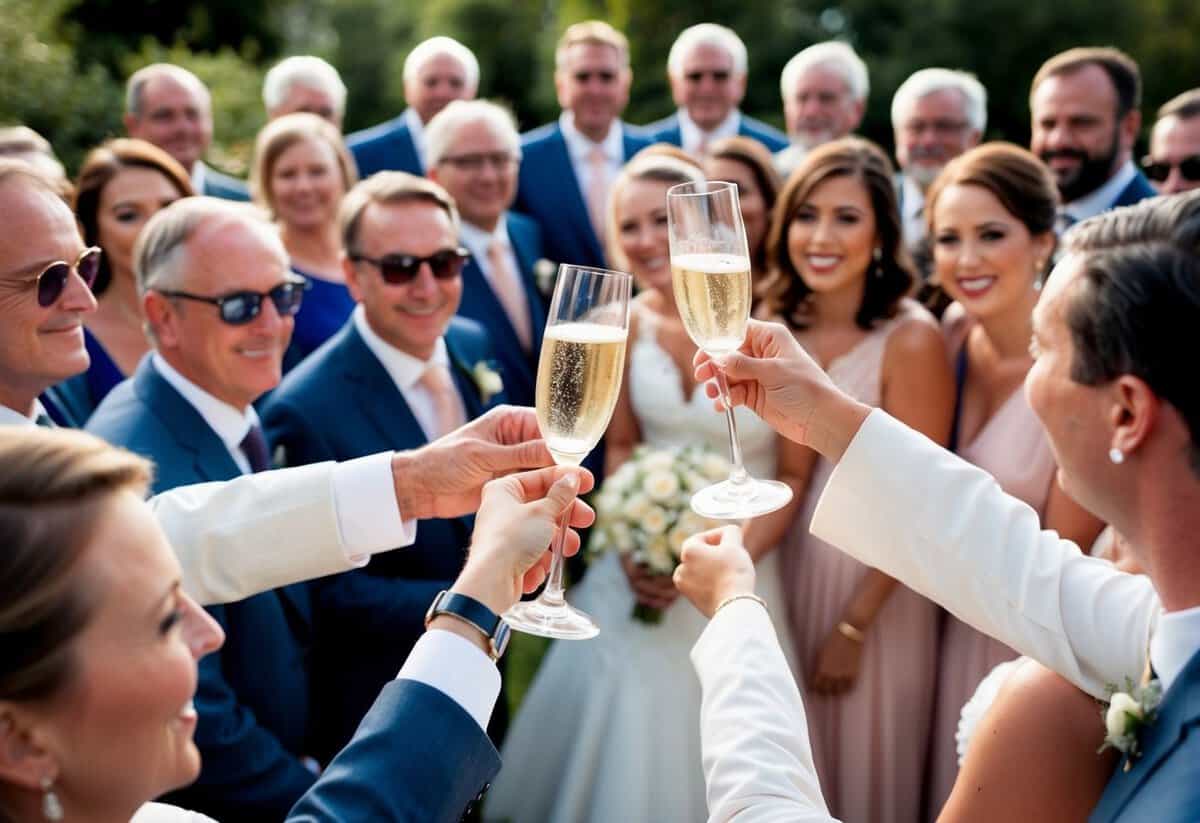 A champagne glass is raised towards a beaming bride, surrounded by a circle of well-dressed guests