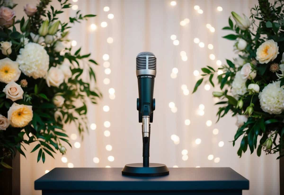 A microphone stands on a podium, surrounded by elegant floral arrangements and twinkling fairy lights