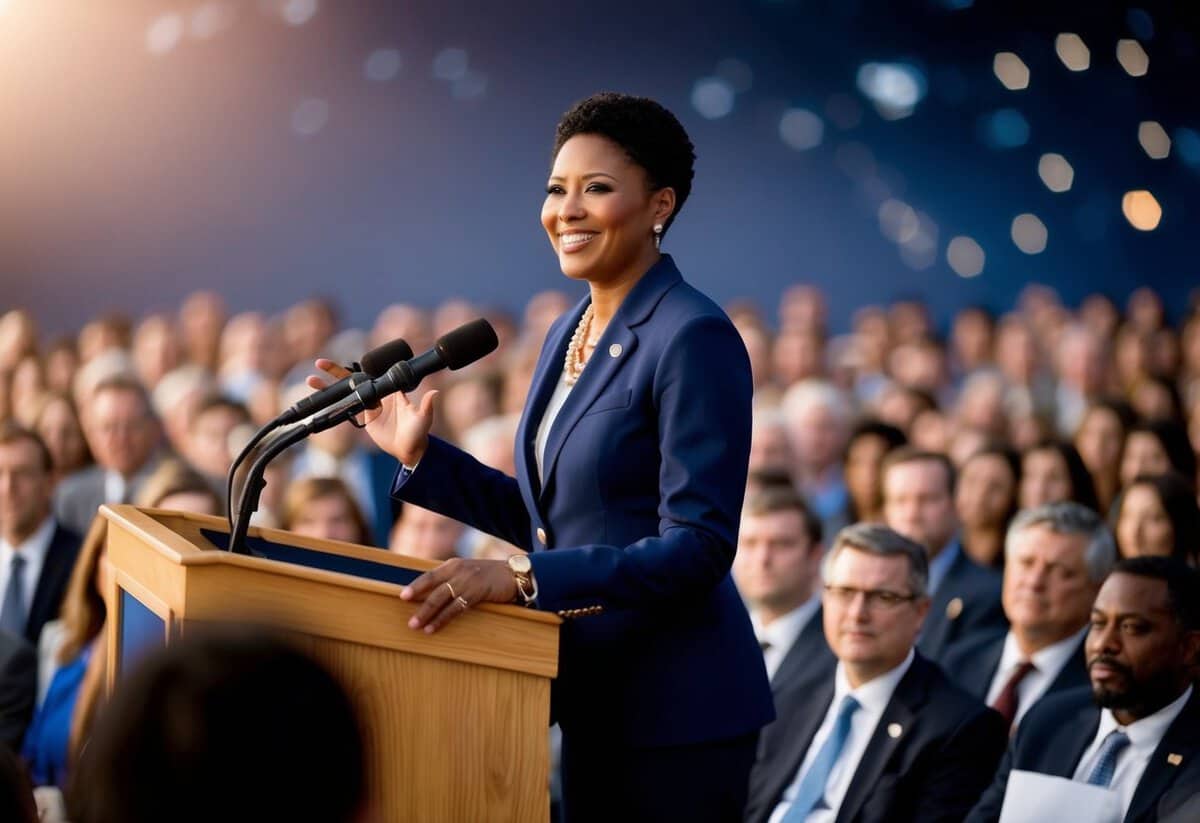 A person standing at a podium, addressing a crowd with a warm smile and confident posture